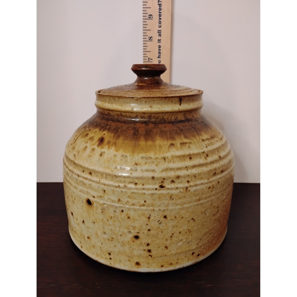 Studio Pottery Lidded Jar Signed Stoneware Rustic Earth Tone Speckled Glaze 7in